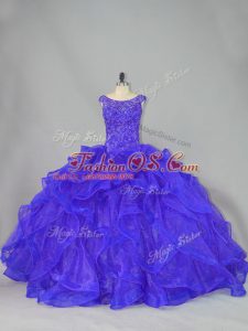 Fancy Organza Scoop Sleeveless Brush Train Lace Up Beading and Ruffles Quinceanera Dress in Blue