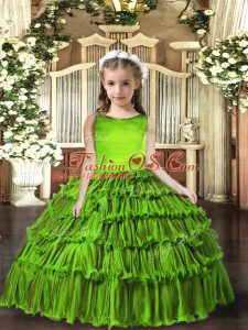 Olive Green Ball Gowns Scoop Sleeveless Floor Length Lace Up Ruffled Layers Little Girl Pageant Gowns