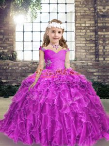 Attractive Straps Sleeveless Kids Pageant Dress Floor Length Beading and Ruffles Fuchsia Organza