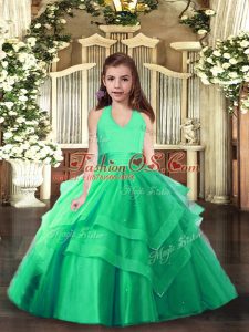 Elegant Turquoise Tulle Lace Up Little Girls Pageant Dress Sleeveless Floor Length Ruching
