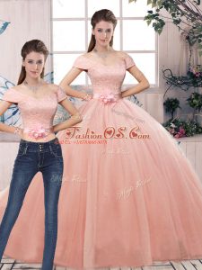 Custom Designed Pink Tulle Lace Up 15th Birthday Dress Short Sleeves Floor Length Lace and Hand Made Flower