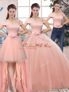 Sweet Pink Ball Gown Prom Dress Military Ball and Sweet 16 and Quinceanera with Lace and Hand Made Flower Off The Shoulder Short Sleeves Lace Up
