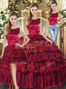 On Sale Wine Red Sweet 16 Dress Military Ball and Sweet 16 and Quinceanera with Ruffled Layers Scoop Sleeveless Lace Up