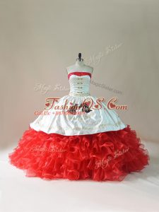 Embroidery and Ruffles Quinceanera Gowns White And Red Lace Up Sleeveless Floor Length Brush Train