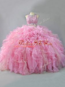 Floor Length Pink Sweet 16 Quinceanera Dress Scoop Sleeveless Lace Up
