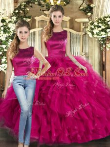 Admirable Scoop Sleeveless Quinceanera Dress Floor Length Ruffles Fuchsia Tulle