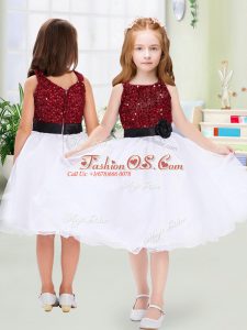 Elegant White Scoop Zipper Sequins and Hand Made Flower Toddler Flower Girl Dress Sleeveless