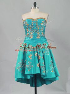 Customized Sleeveless Mini Length Lace Up Dress for Prom in Turquoise with Embroidery