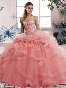 Traditional Floor Length Lace Up Quinceanera Gowns Watermelon Red for Military Ball and Sweet 16 and Quinceanera with Beading and Ruffles
