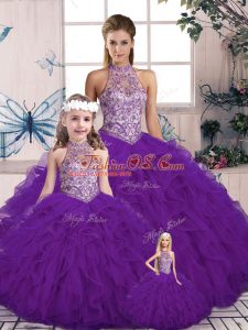 Cute Purple Ball Gowns Beading and Ruffles Vestidos de Quinceanera Lace Up Tulle Sleeveless Floor Length