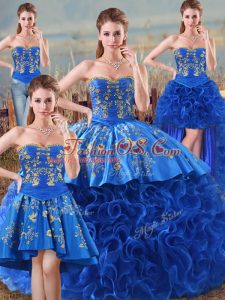 Modest Royal Blue Ball Gowns Embroidery and Ruffles 15 Quinceanera Dress Lace Up Fabric With Rolling Flowers Sleeveless Floor Length