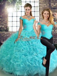 Off The Shoulder Sleeveless Lace Up Quinceanera Gown Aqua Blue Fabric With Rolling Flowers