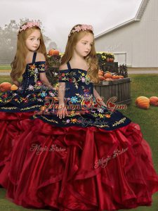 Cute Wine Red Ball Gowns Straps Sleeveless Organza Floor Length Lace Up Embroidery and Ruffles Pageant Gowns For Girls