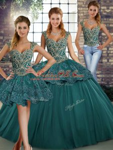 Shining Straps Sleeveless Sweet 16 Quinceanera Dress Floor Length Beading and Appliques Green Tulle