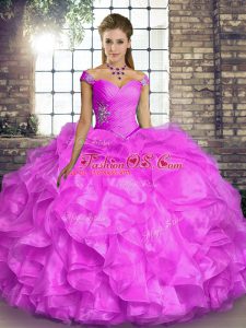 Customized Floor Length Lace Up 15 Quinceanera Dress Lilac for Military Ball and Sweet 16 and Quinceanera with Beading and Ruffles