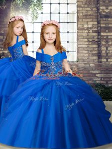 Beading Little Girls Pageant Gowns Royal Blue Lace Up Sleeveless Floor Length