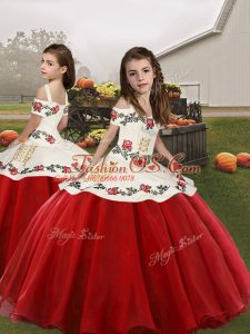 Floor Length Lace Up Child Pageant Dress Red for Party and Wedding Party with Embroidery