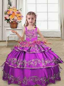 Customized Sleeveless Lace Up Floor Length Embroidery and Ruffled Layers Little Girls Pageant Gowns