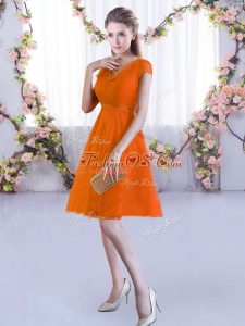 Modern Cap Sleeves Mini Length Lace Lace Up Bridesmaid Gown with Orange Red