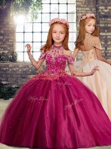 Excellent Fuchsia Sleeveless Tulle Lace Up Girls Pageant Dresses for Party and Wedding Party