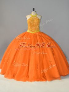 Latest Sleeveless Floor Length Beading Lace Up Quince Ball Gowns with Orange