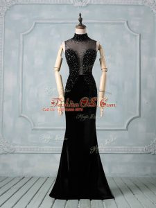 Black Sleeveless Brush Train Beading Formal Evening Gowns