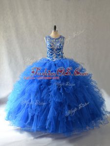 Great Scoop Sleeveless Vestidos de Quinceanera Floor Length Beading and Ruffles Blue Tulle