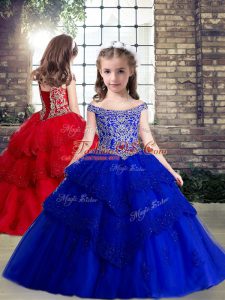 Royal Blue Lace Up Little Girls Pageant Dress Beading and Appliques Sleeveless Floor Length