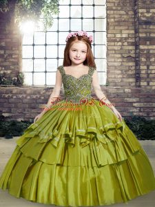 Sleeveless Floor Length Beading Lace Up Child Pageant Dress with Olive Green