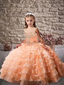 Trendy Ball Gowns Sleeveless Orange Little Girl Pageant Gowns Brush Train Lace Up