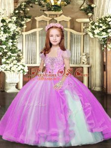Floor Length Lace Up Little Girl Pageant Gowns Lilac for Party and Sweet 16 and Wedding Party with Beading