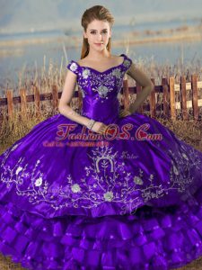 Best Selling Purple Ball Gowns Embroidery and Ruffled Layers Quinceanera Dresses Lace Up Satin and Organza Sleeveless Floor Length