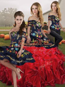 Floor Length Three Pieces Sleeveless Red And Black Sweet 16 Dress Lace Up