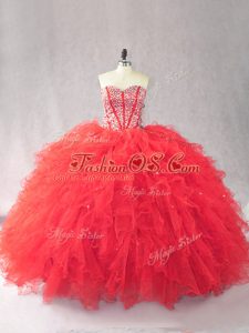 Edgy Floor Length Red Quince Ball Gowns Tulle Sleeveless Beading and Ruffles