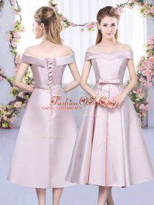 Baby Pink Satin Lace Up Off The Shoulder Sleeveless Tea Length Quinceanera Court Dresses Bowknot