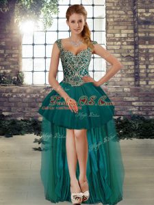Graceful Dark Green Tulle Lace Up Straps Sleeveless High Low Beading