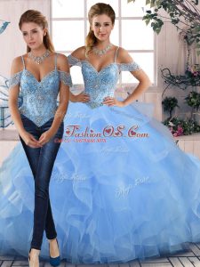 Fantastic Tulle Off The Shoulder Sleeveless Lace Up Beading and Ruffles Vestidos de Quinceanera in Blue