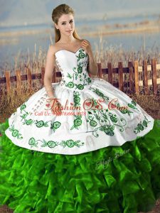 Admirable Green Ball Gowns Sweetheart Sleeveless Organza Floor Length Lace Up Embroidery and Ruffles Quince Ball Gowns
