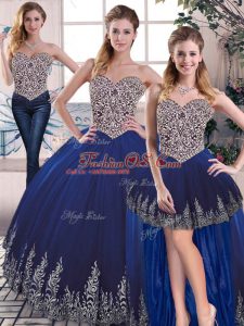 Royal Blue Three Pieces Sweetheart Sleeveless Tulle Floor Length Lace Up Embroidery Quinceanera Gowns