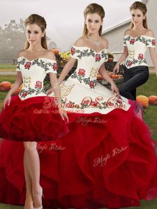 Custom Design White And Red Sleeveless Floor Length Embroidery and Ruffles Lace Up Ball Gown Prom Dress