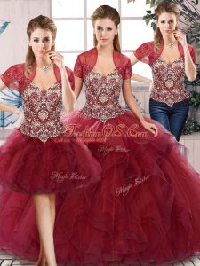 Sleeveless Floor Length Beading and Ruffles Lace Up Sweet 16 Dress with Burgundy