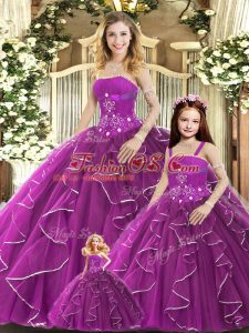 Purple Ball Gowns Tulle Strapless Sleeveless Beading and Ruffles Floor Length Lace Up 15th Birthday Dress