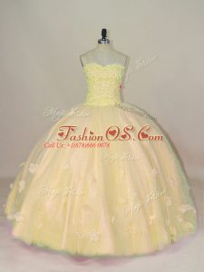 Exquisite Peach Lace Up Quinceanera Gowns Beading and Hand Made Flower Sleeveless Floor Length