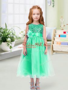 Vintage Scoop Sleeveless Flower Girl Dresses Tea Length Sequins and Hand Made Flower Turquoise Organza