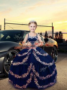 Latest Embroidery Girls Pageant Dresses Navy Blue Lace Up Sleeveless Floor Length