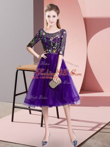 Purple Tulle Lace Up Bridesmaid Gown Half Sleeves Knee Length Embroidery