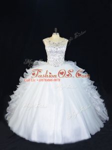 Sleeveless Floor Length Beading Lace Up Sweet 16 Dresses with White