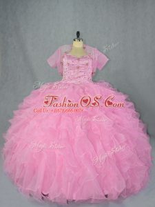Hot Sale Sweetheart Sleeveless Lace Up Quince Ball Gowns Baby Pink Organza