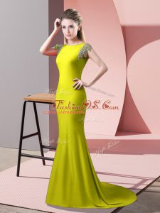 High-neck Short Sleeves Homecoming Party Dress Brush Train Beading Yellow Green Elastic Woven Satin