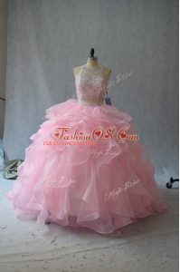 Top Selling Pink Ball Gowns Beading and Ruffles Quince Ball Gowns Backless Organza Sleeveless
